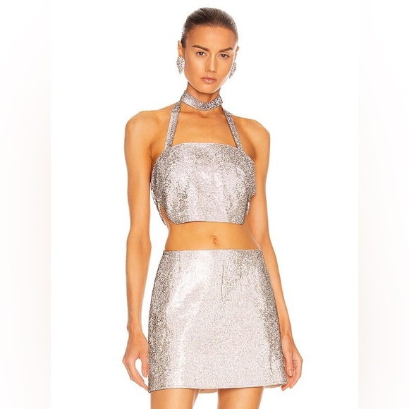 Nue Estelle Top Silver Sequin Halter Top Sz Large - Picture 1 of 10